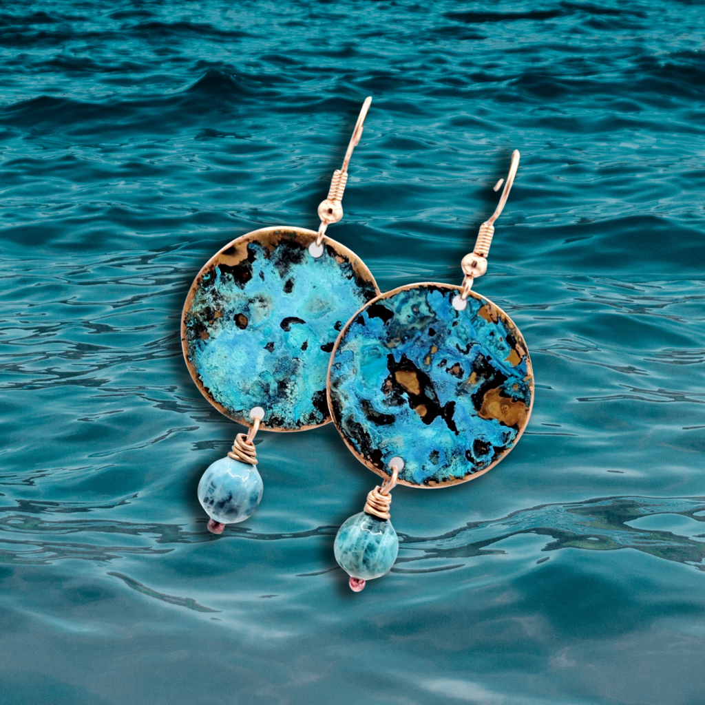 Ocean Blue Patina Copper Earrings with Labradorite Beads