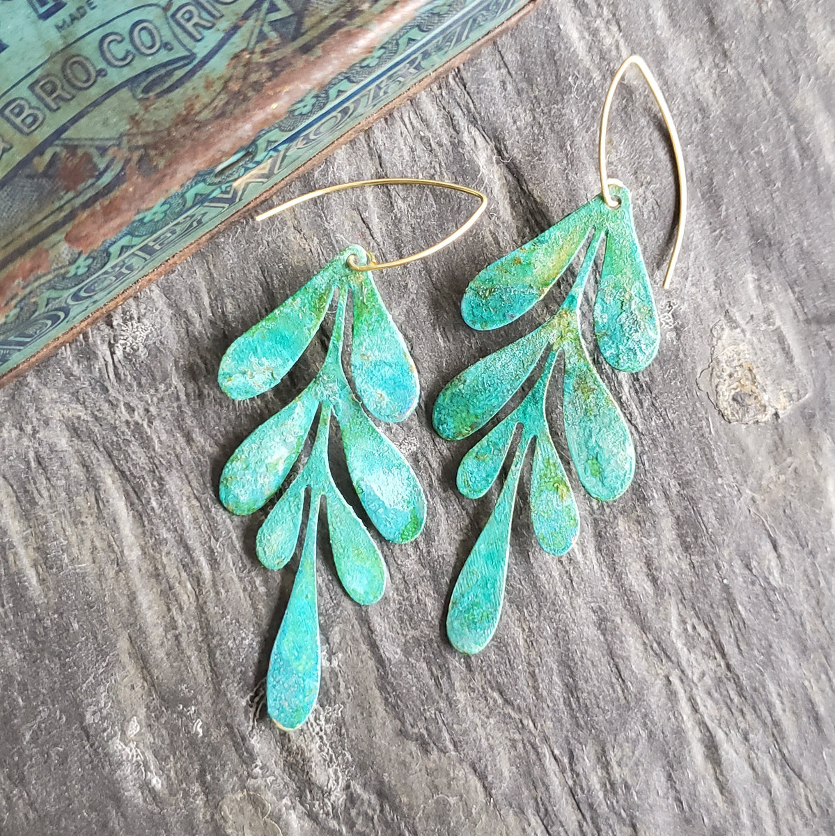 645b#, Boho Hippie Earrings, Green Patina Earrings, Boho Rustic Earrings, Leaf orders Earrings, USA Handmade Earrings, ChrisKaitlynJewelry