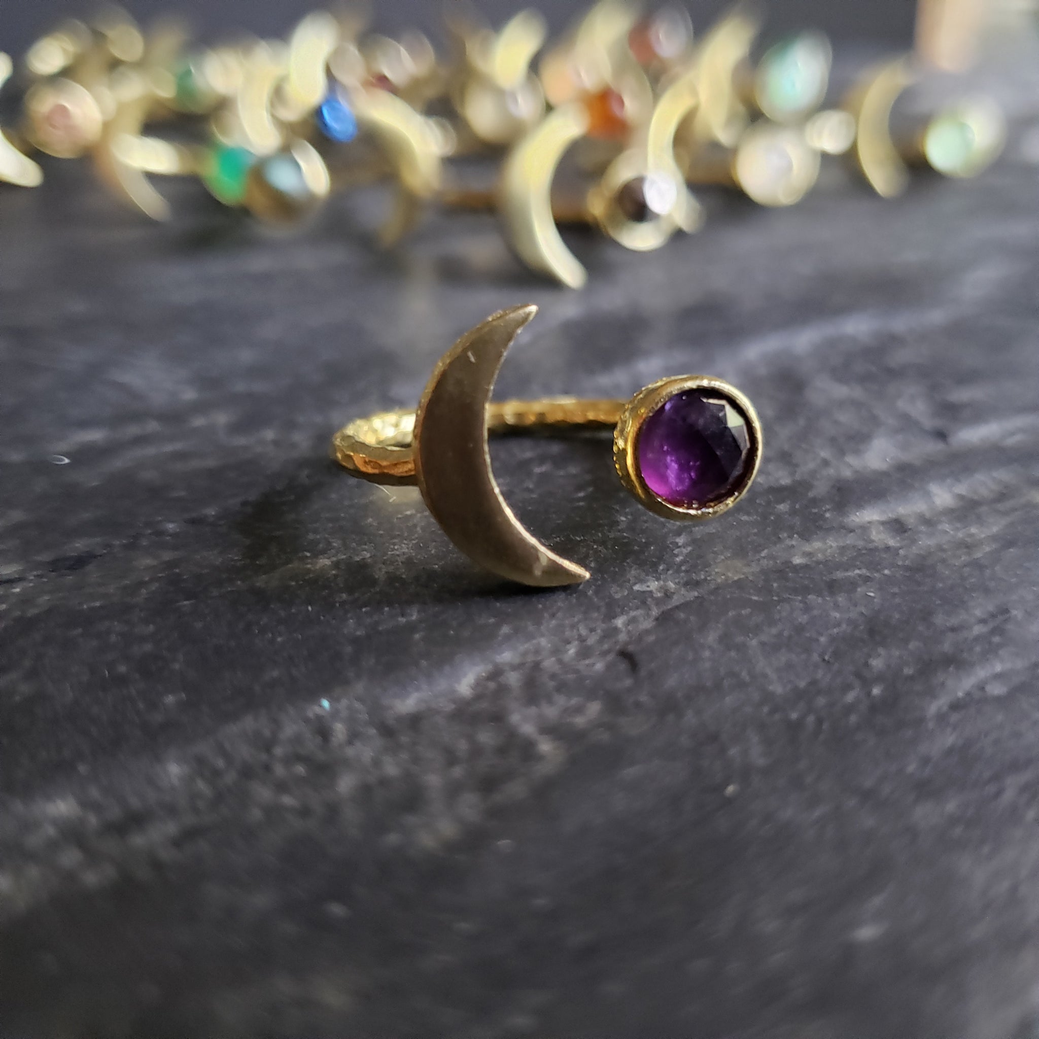 Gemstone Crescent Moon Adjustable Brass Ring
