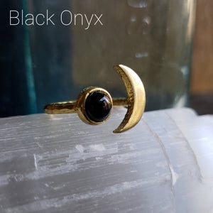Gemstone Crescent Moon Adjustable Brass Ring