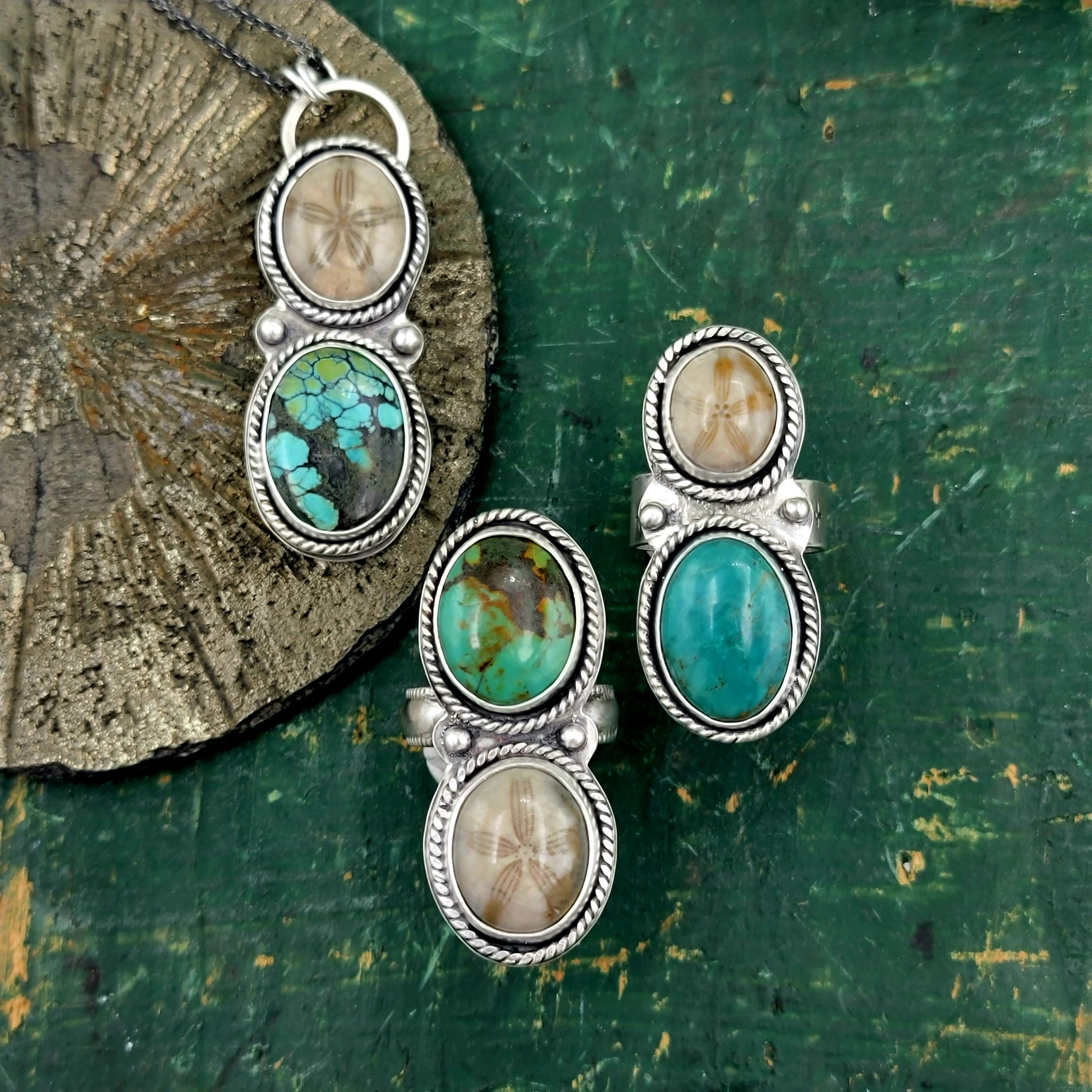 Fossil Sand Dollar & Turquoise Collection in Sterling Silver