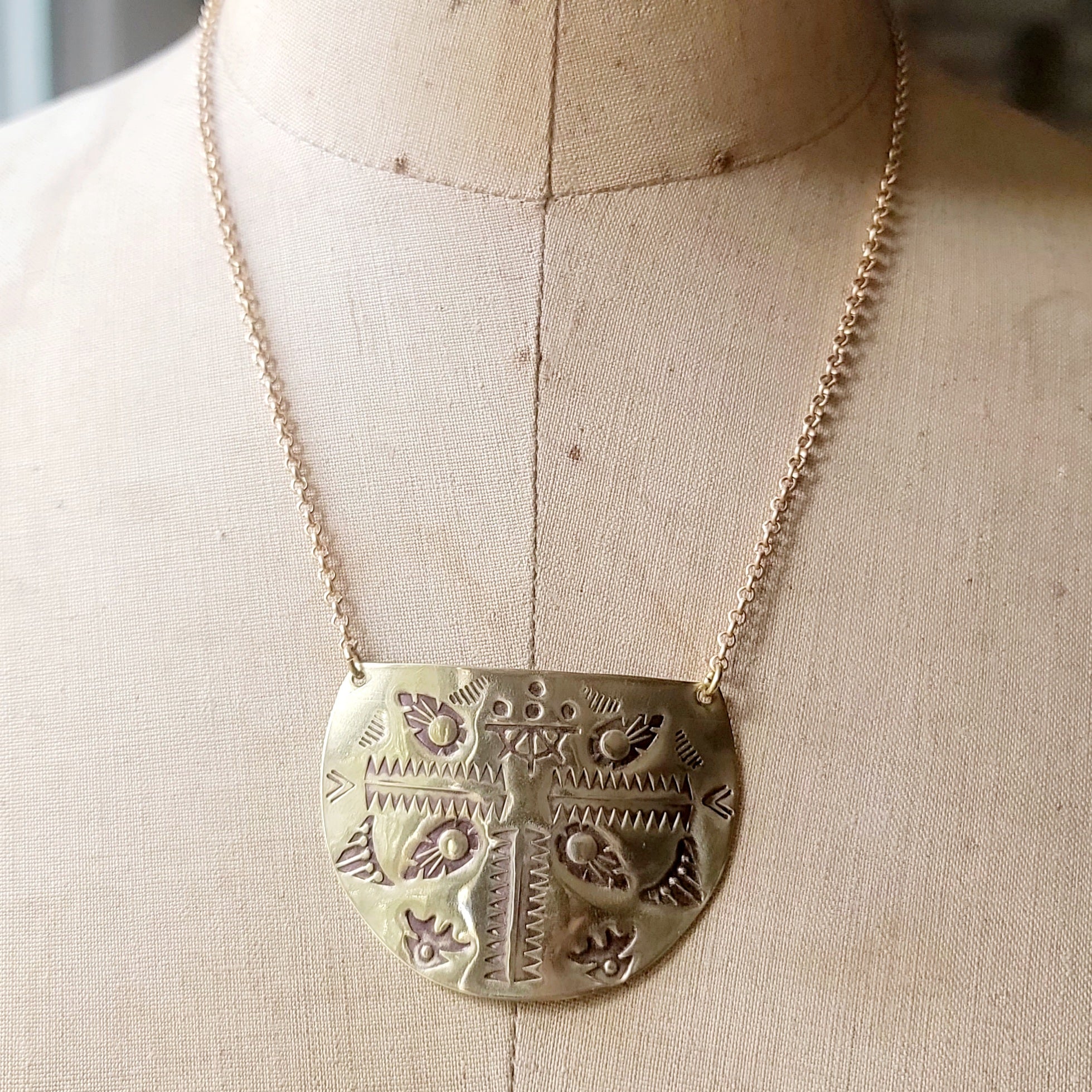Mandala Stamped Brass Disc Necklace