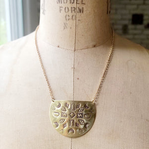 Mandala Stamped Brass Disc Necklace