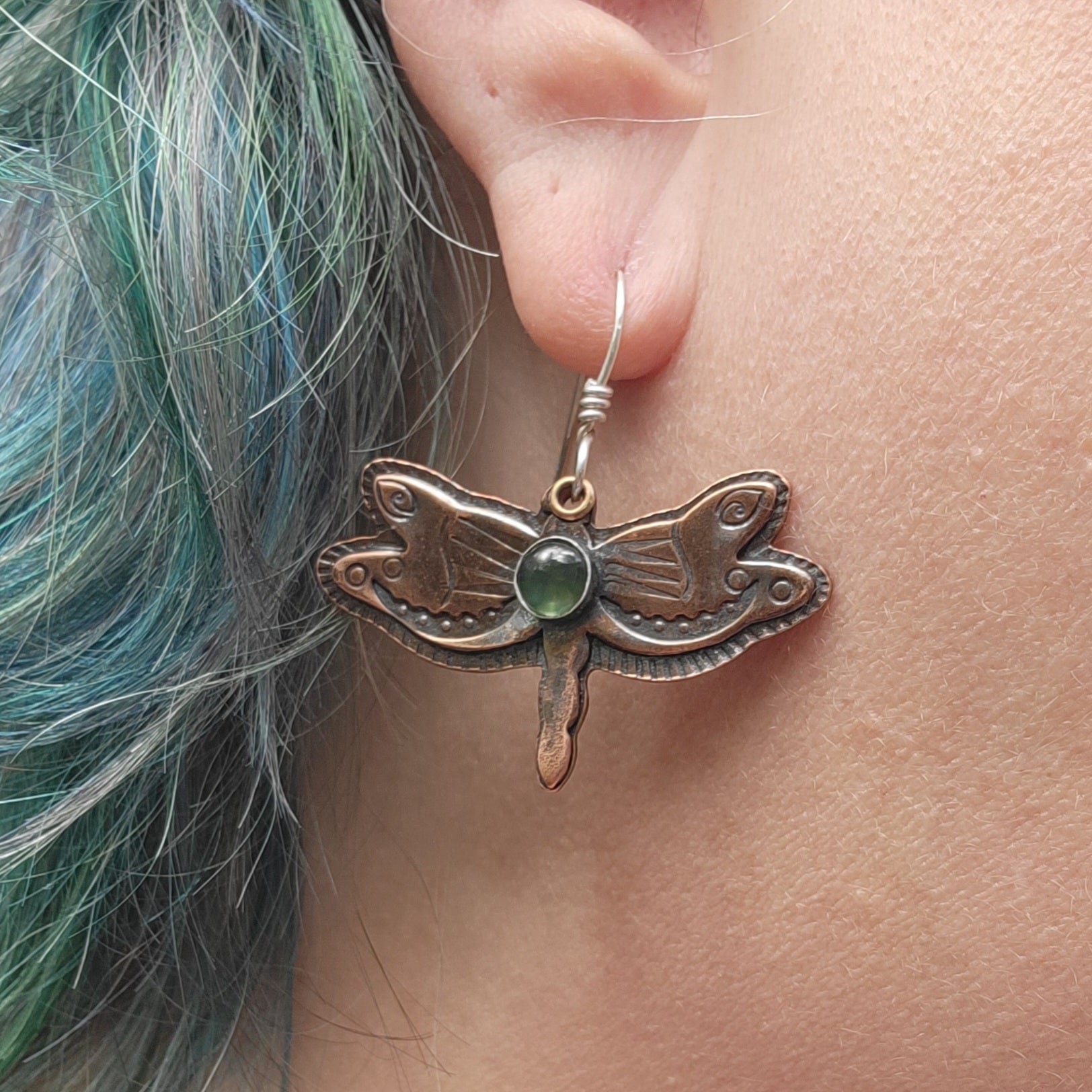 Copper Dragonfly Earrings with Green Serpentine