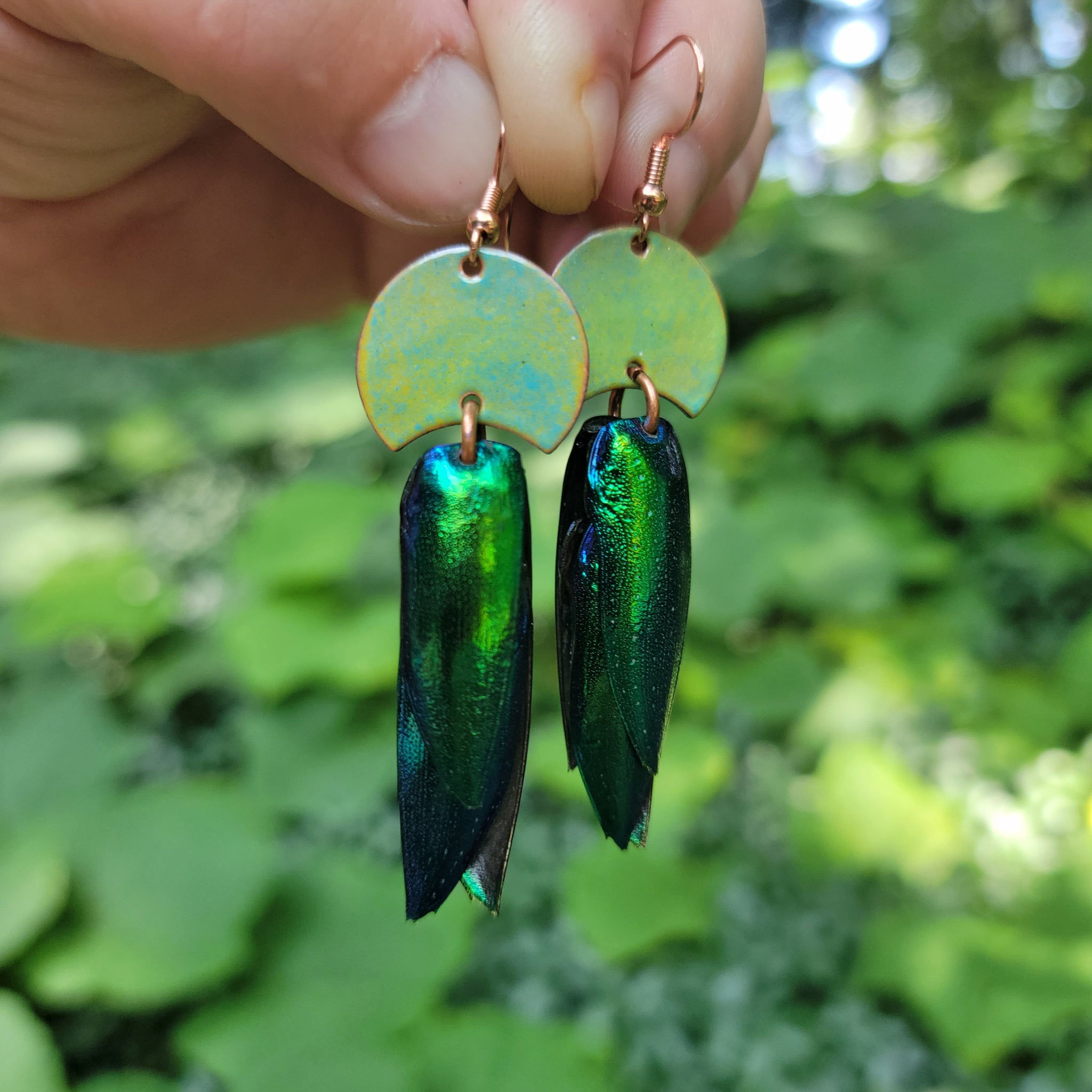 Beetle Queen Enameled Copper Earrings with Jewel Beetle Wings