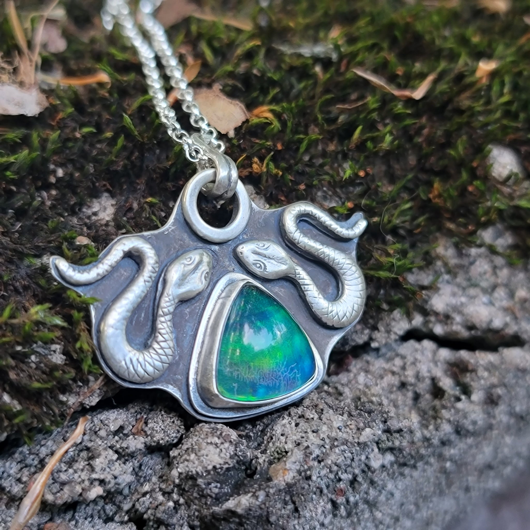 Serpent Guardians Pendant with Cultured Opal in Sterling Silver