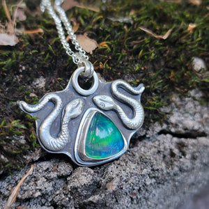 Serpent Guardians Pendant with Cultured Opal in Sterling Silver