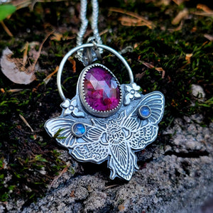 Mystical Moth Pendant with Watermelon Tourmaline & Labradorite in Sterling Silver