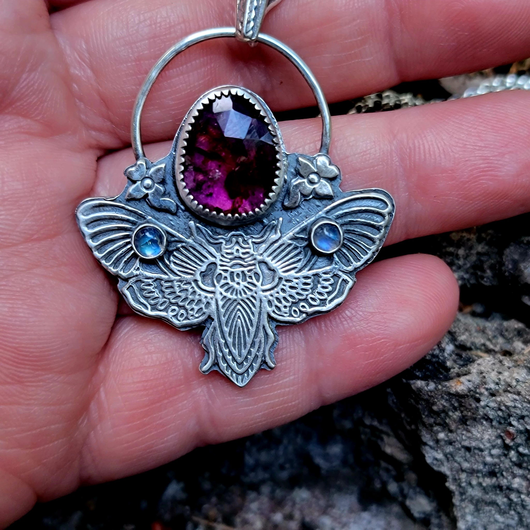 Mystical Moth Pendant with Watermelon Tourmaline & Labradorite in Sterling Silver