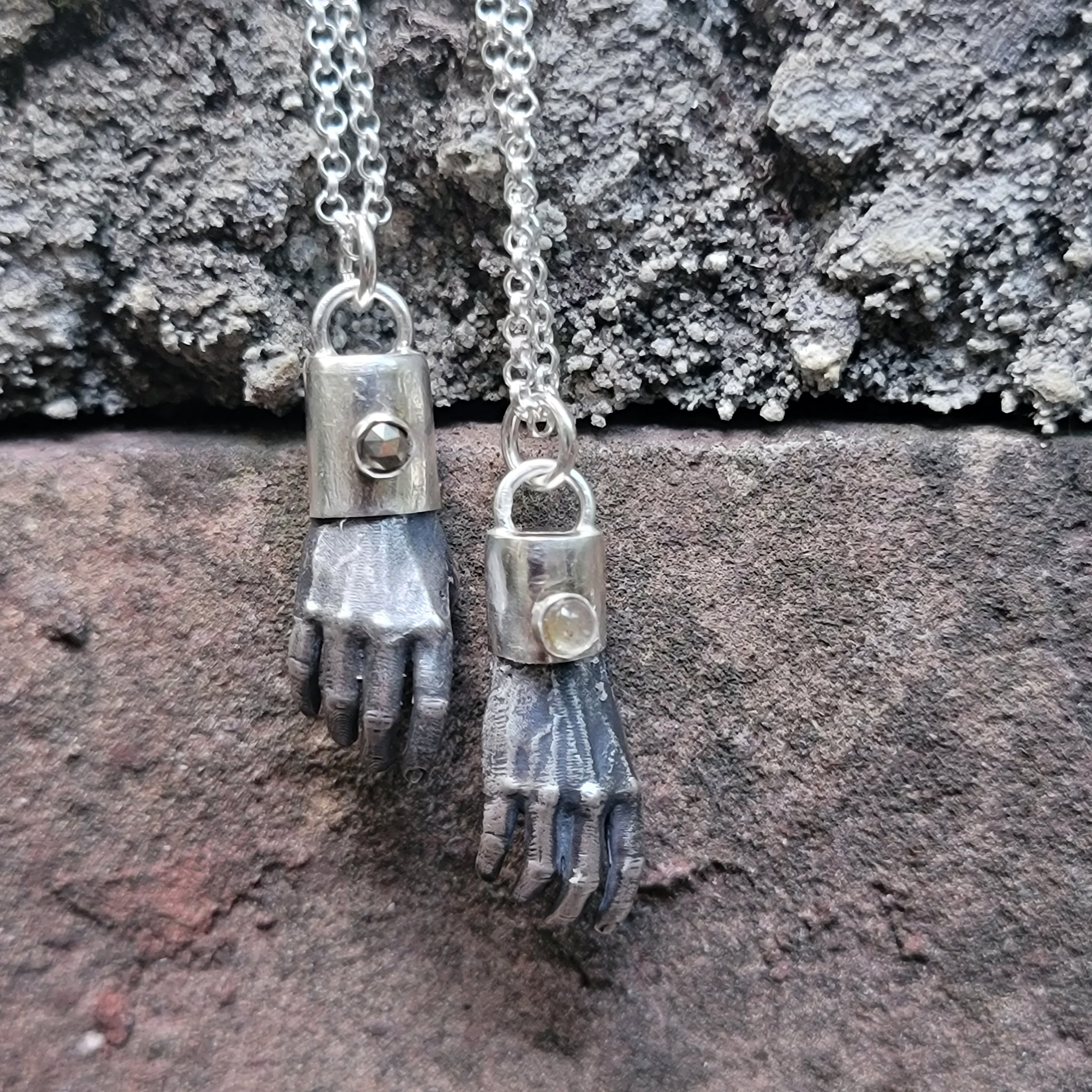 Man Hands Pendants in Solid Sterling Silver with Gemstone Caps