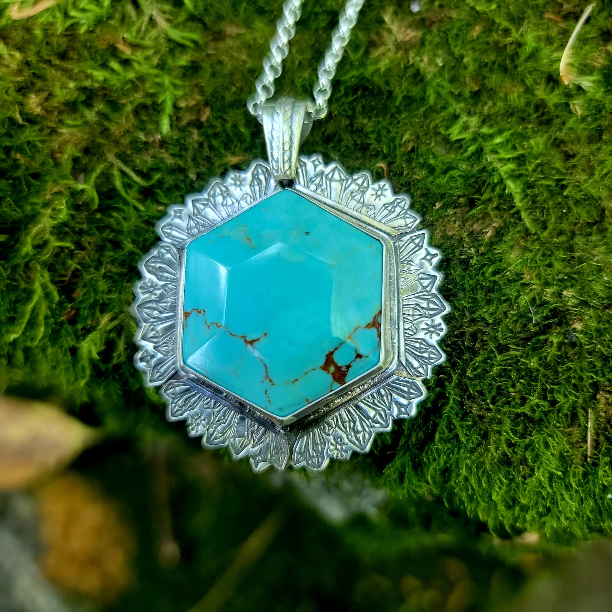 Crystal Hex Pendant with Turquoise in Sterling Silver