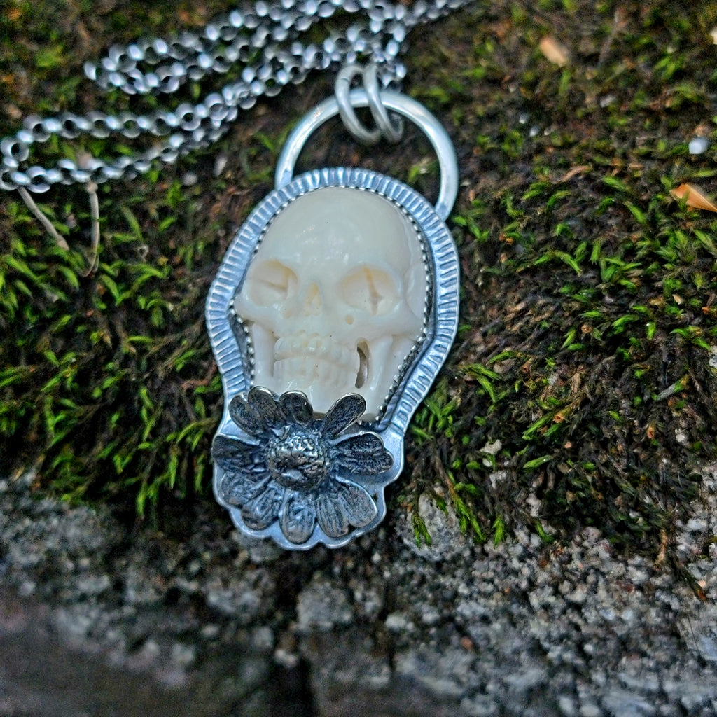 Pushing Up Daisies Carved Skull Pendant in Sterling Silver
