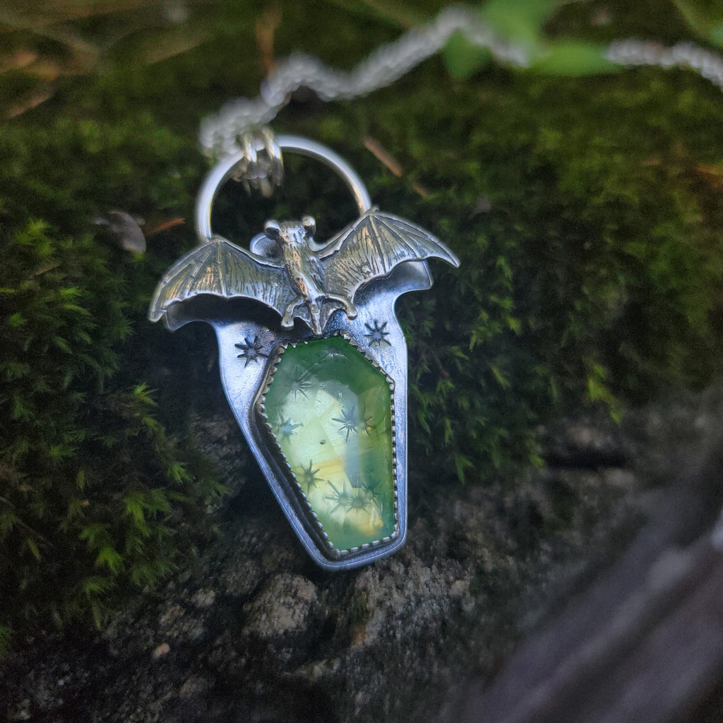 Fluorescent Uranium Glass Flying Bat Pendant in Sterling Silver