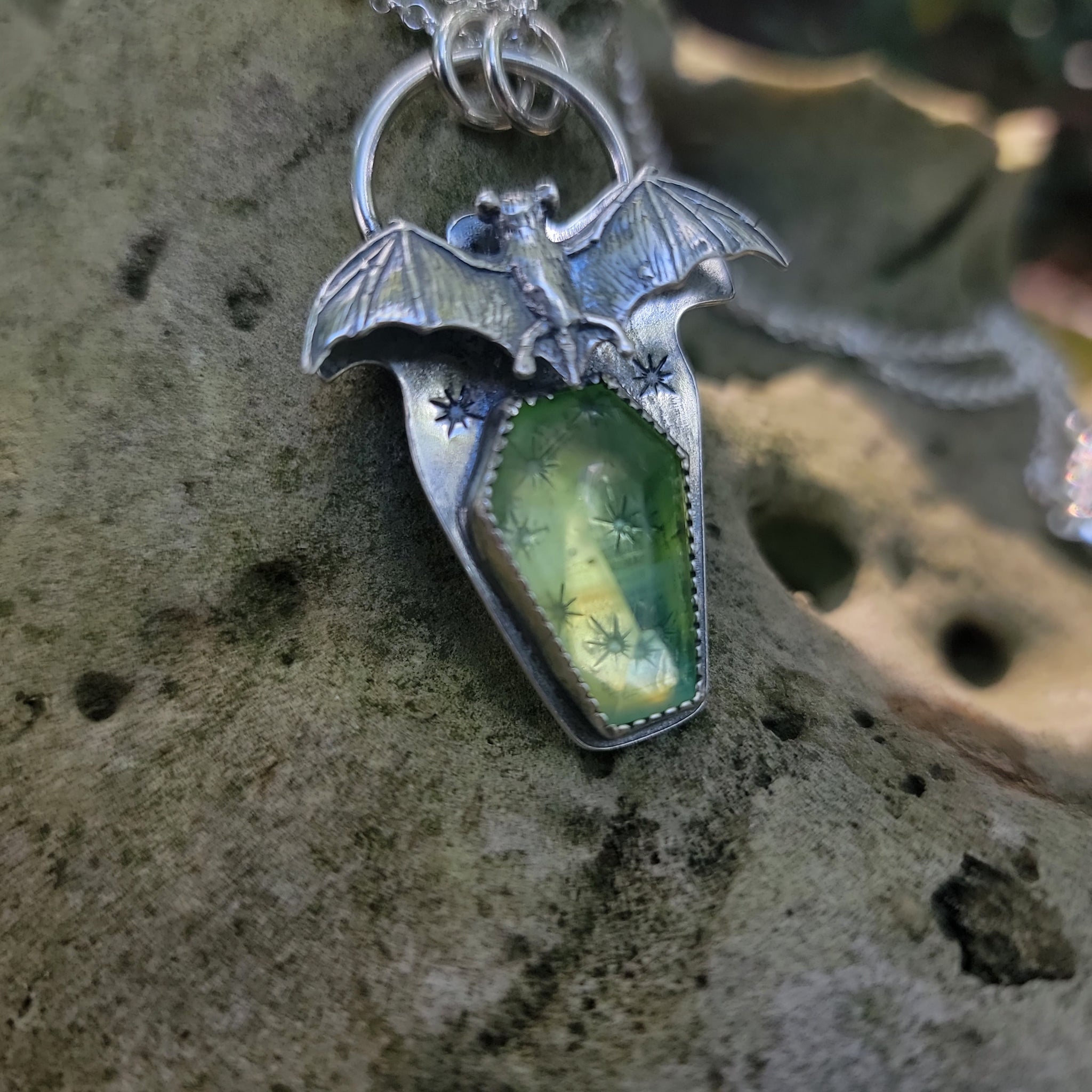 Fluorescent Uranium Glass Flying Bat Pendant in Sterling Silver