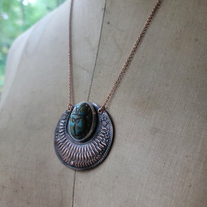 Copper Scarab Crescent Moon Necklace with Mandala Pattern