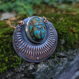 Copper Scarab Crescent Moon Necklace with Mandala Pattern