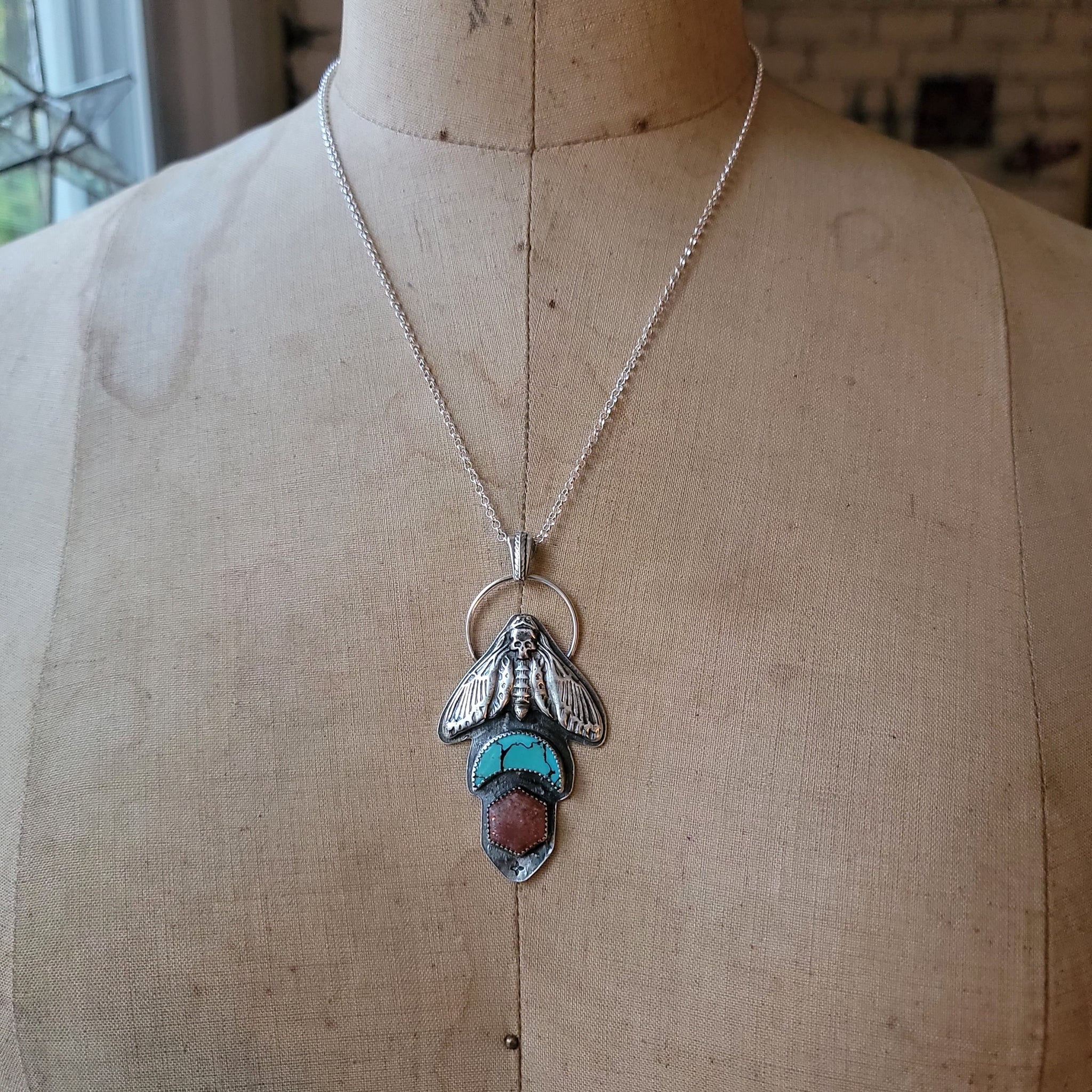 Hawk Moth Pendant with Turquoise & Sunstone in Sterling Silver