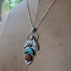 Hawk Moth Pendant with Turquoise & Sunstone in Sterling Silver