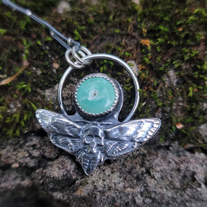 Death's Head Skull Hawk Moth & Turquoise Pendant in Sterling Silver