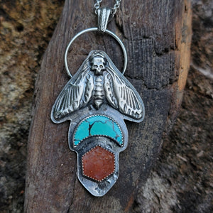 Hawk Moth Pendant with Turquoise & Sunstone in Sterling Silver