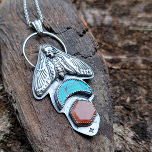 Hawk Moth Pendant with Turquoise & Sunstone in Sterling Silver