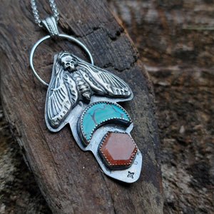 Hawk Moth Pendant with Turquoise & Sunstone in Sterling Silver