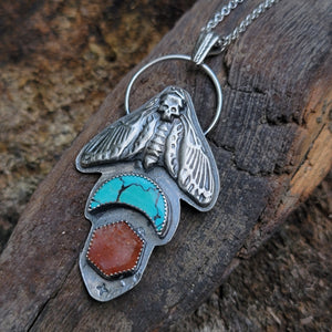 Hawk Moth Pendant with Turquoise & Sunstone in Sterling Silver