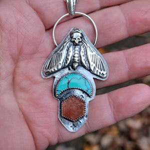 Hawk Moth Pendant with Turquoise & Sunstone in Sterling Silver