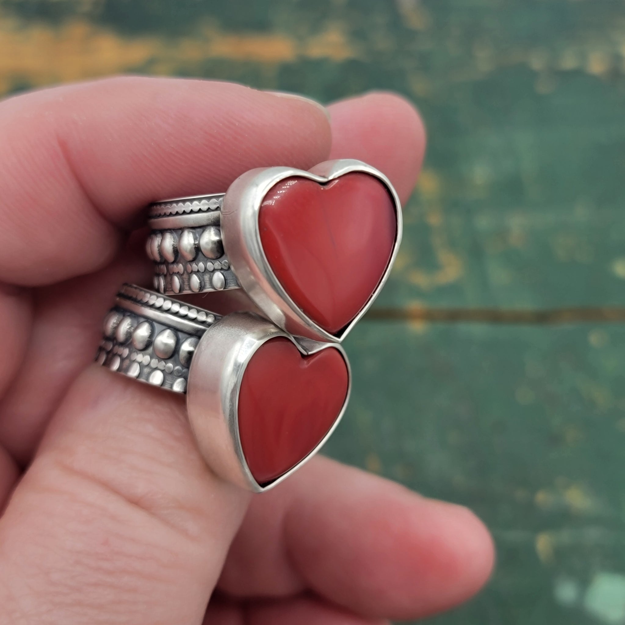 Red Rosarita Heart Rings in Sterling Silver