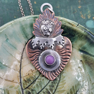 Flaming Heart Milagro Gemstone Pendant in Copper & Sterling Silver