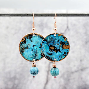 Ocean Blue Patina Copper Earrings with Labradorite Beads