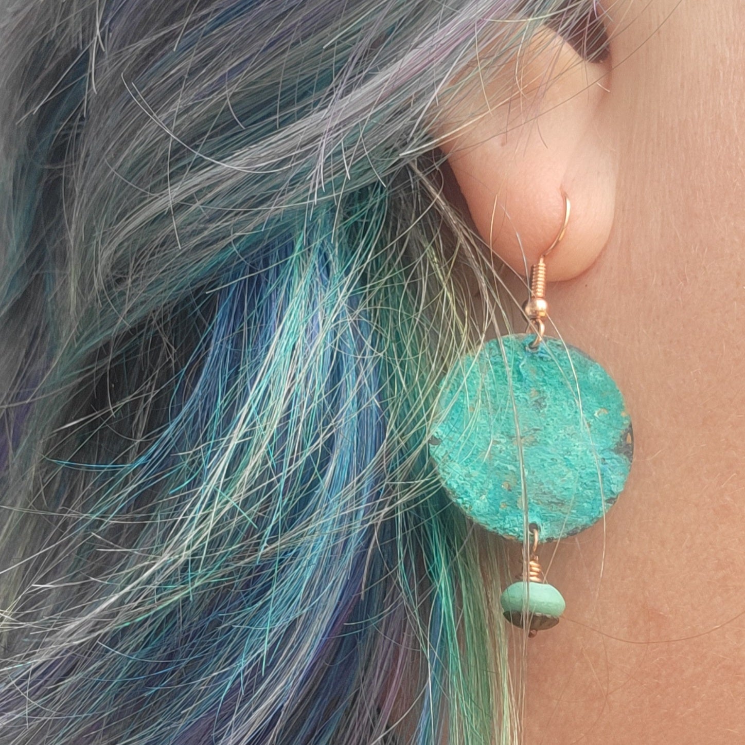 Turquoise Blue Patina Copper Earrings with Wooden Beads
