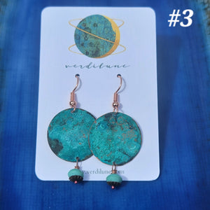 Turquoise Blue Patina Copper Earrings with Wooden Beads