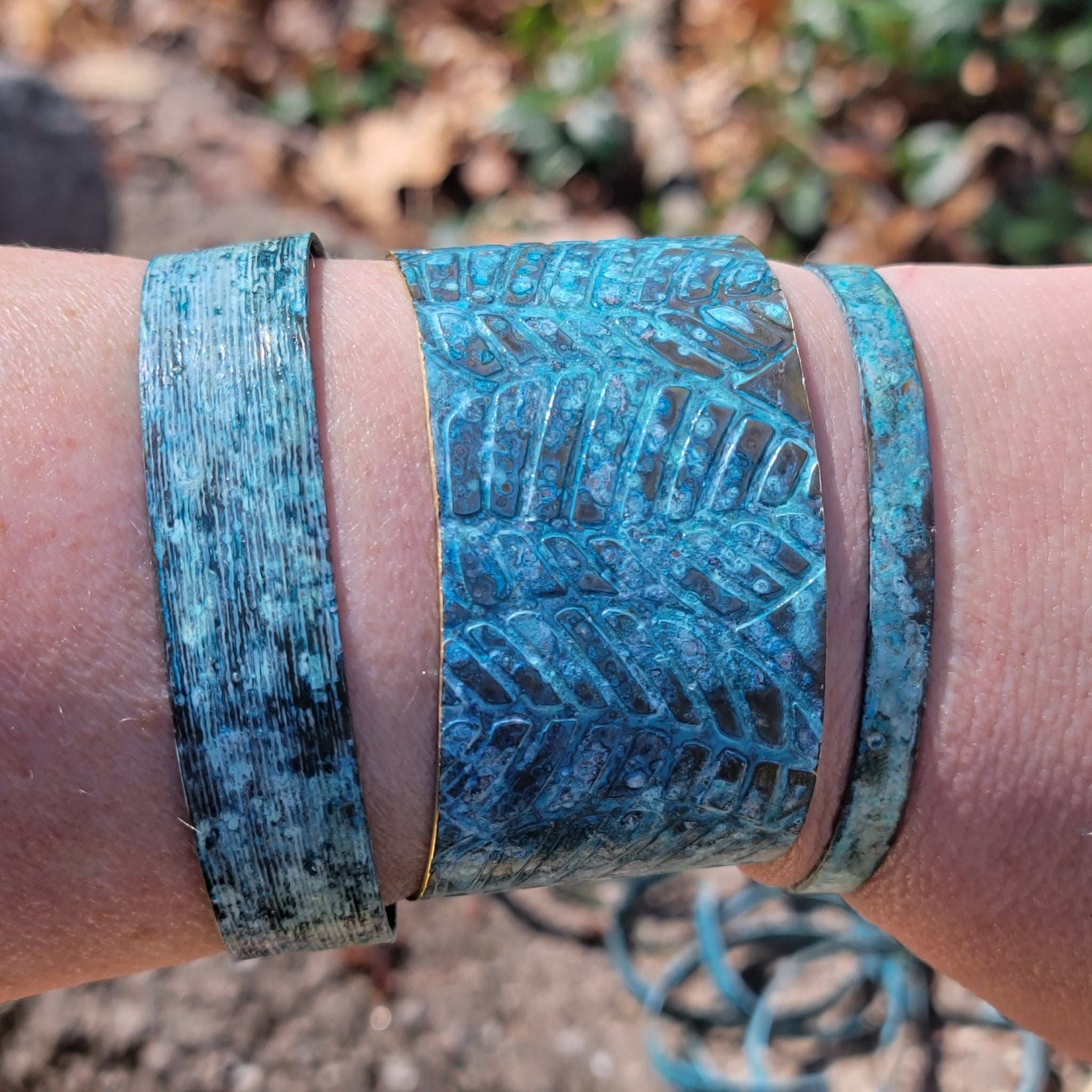 Distressed Ocean Blue Patina Narrow Brass Cuff Bracelets