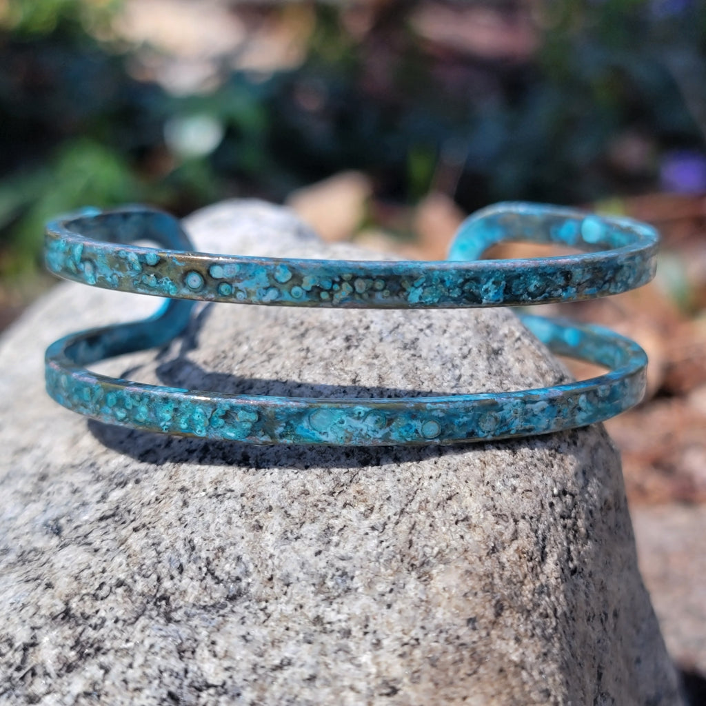 Distressed Ocean Blue Patina Double Band Brass Cuff Bracelets