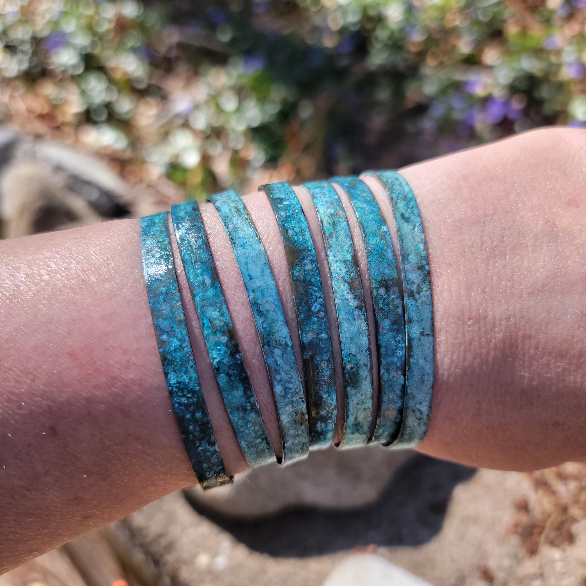 Distressed Ocean Blue Patina Narrow Brass Cuff Bracelets