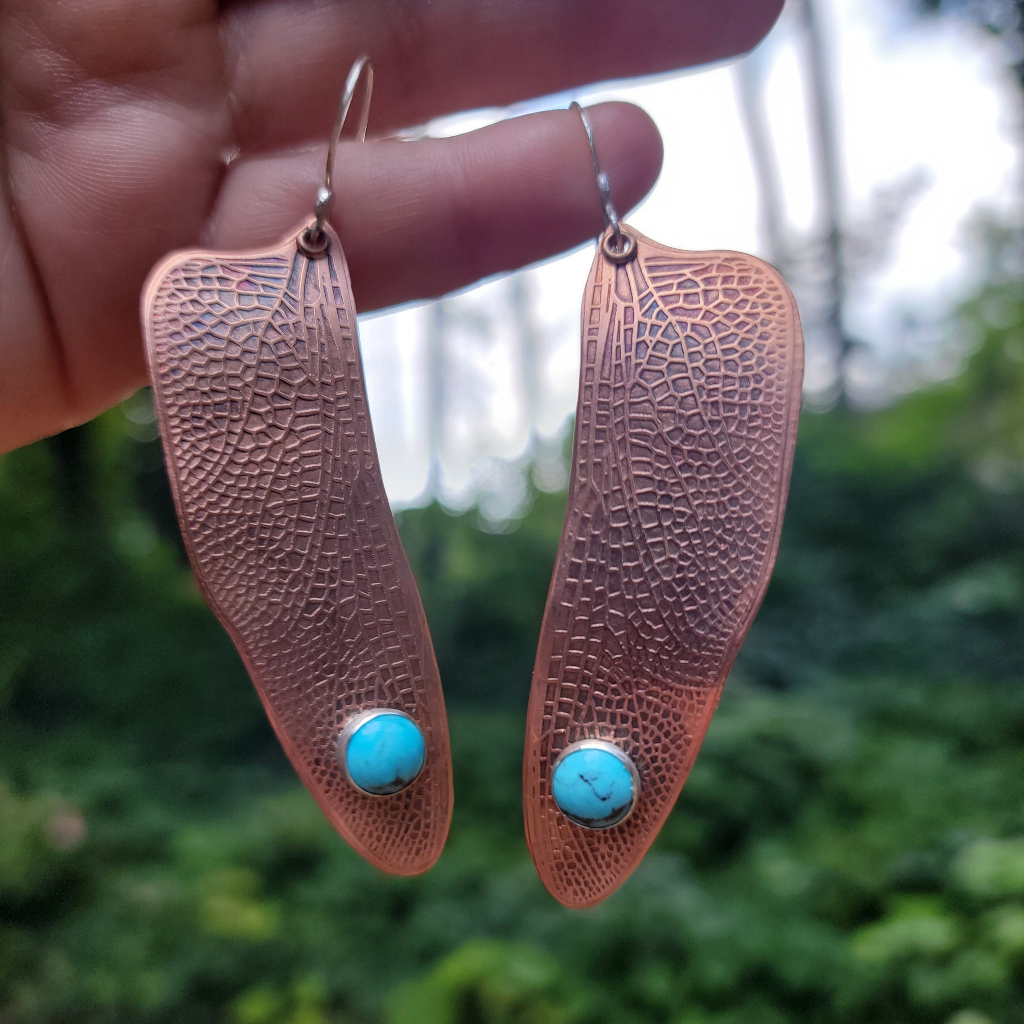 Copper Dragonfly Wing Earrings with Turquoise