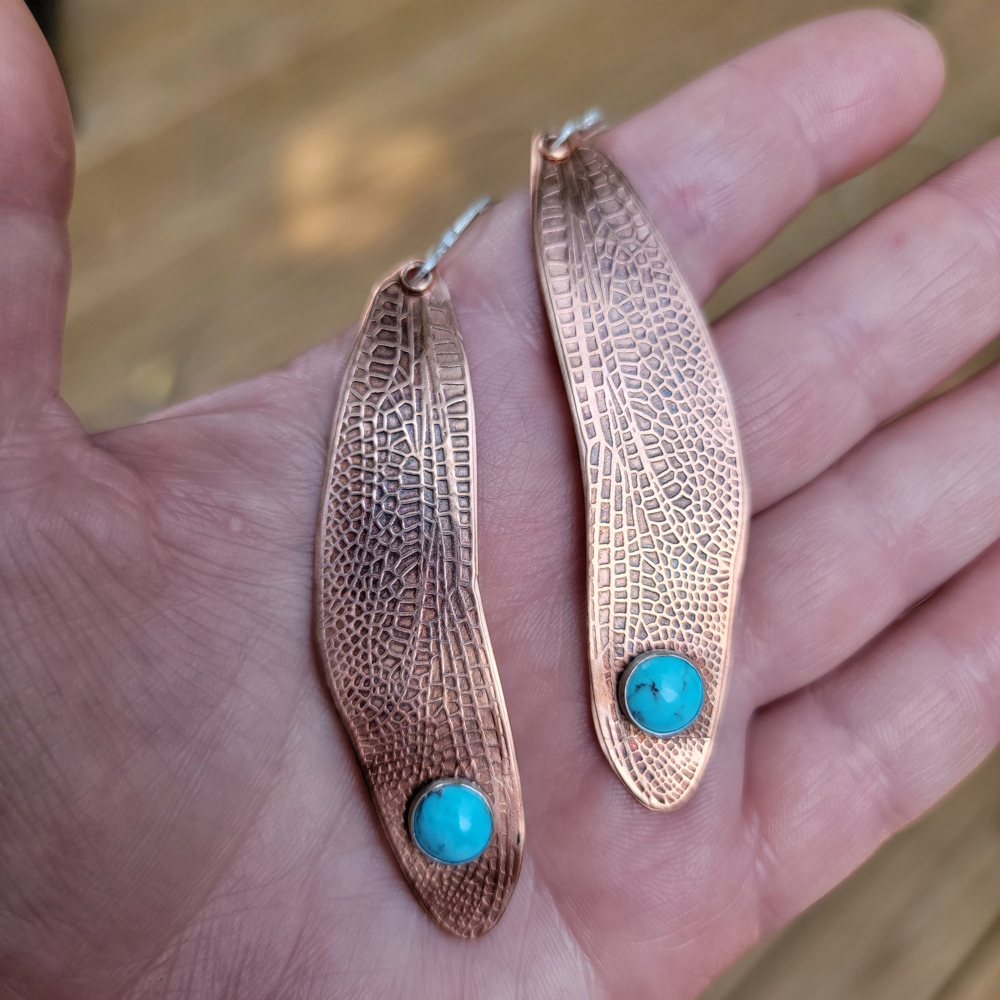 Copper Dragonfly Wing Earrings with Turquoise