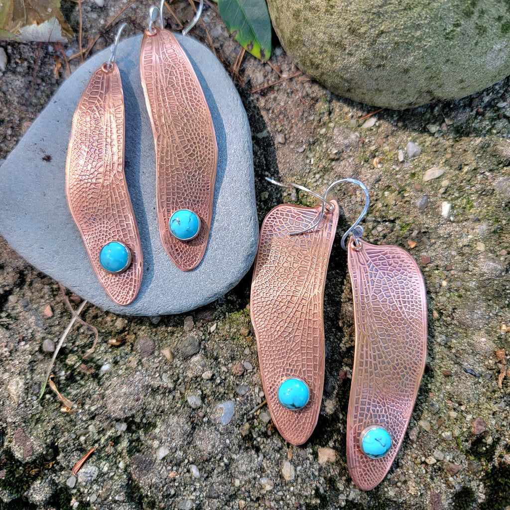 Copper Dragonfly Wing Earrings with Turquoise