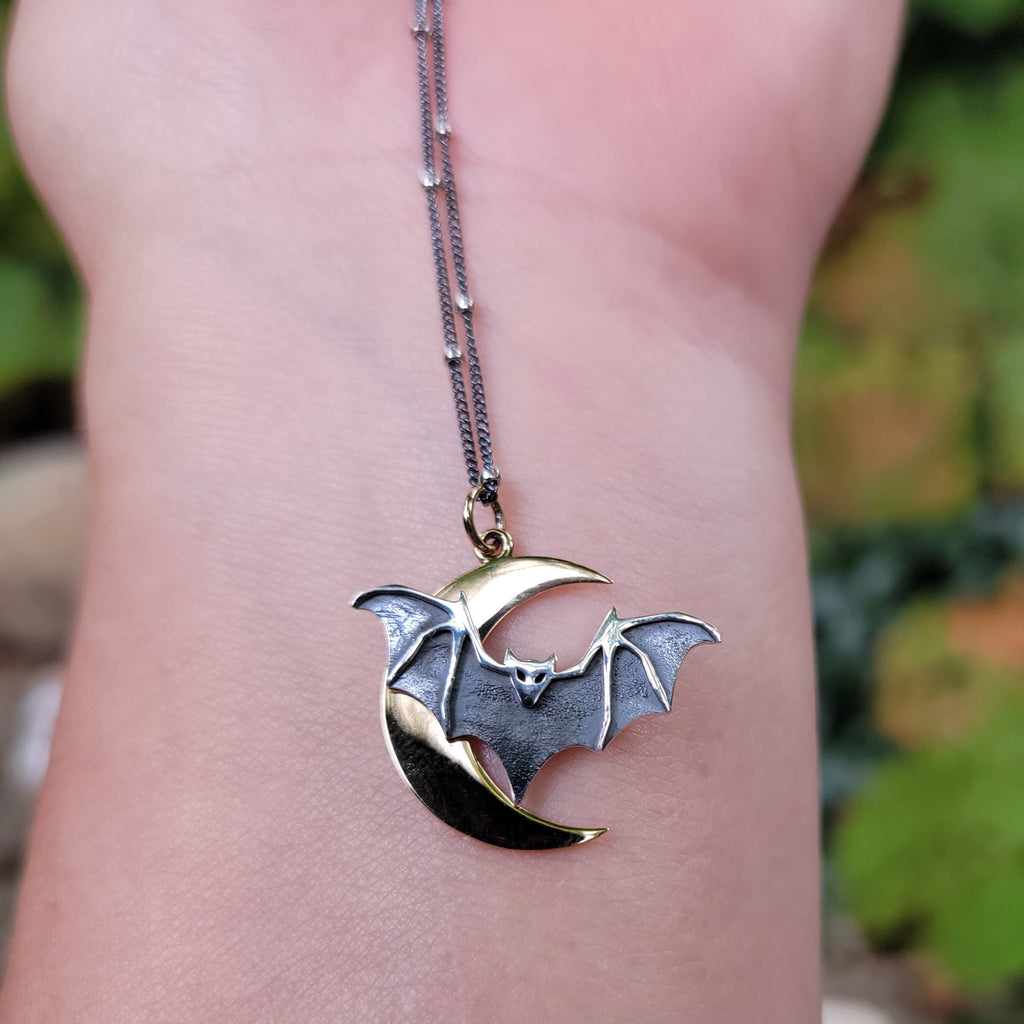 Moon Bat Pendant in Sterling Silver & Bronze