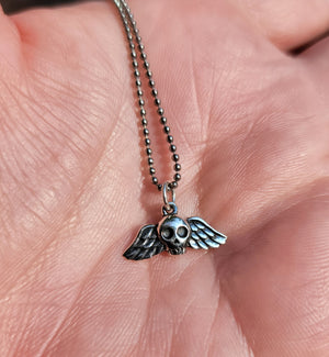 Memento Mori Winged Skull Pendant in Sterling Silver