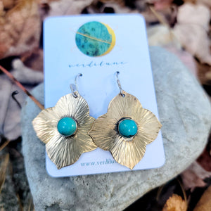 Hammered Brass or Copper & Gemstone Quatrefoil Earrings