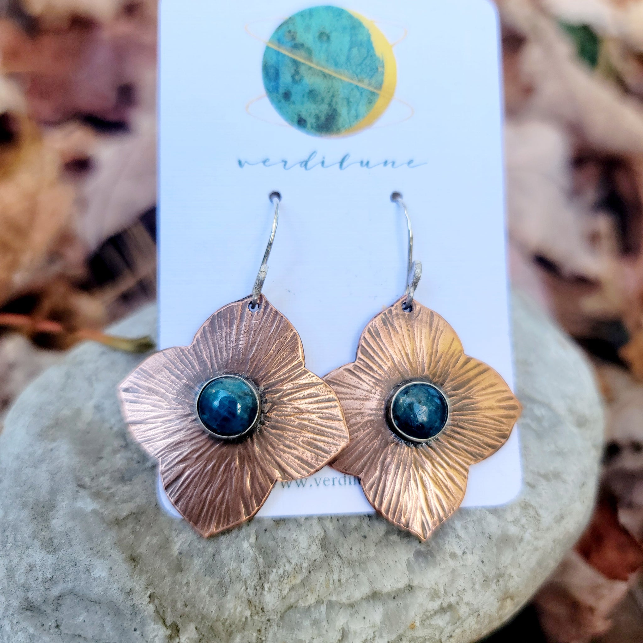 Hammered Brass or Copper & Gemstone Quatrefoil Earrings