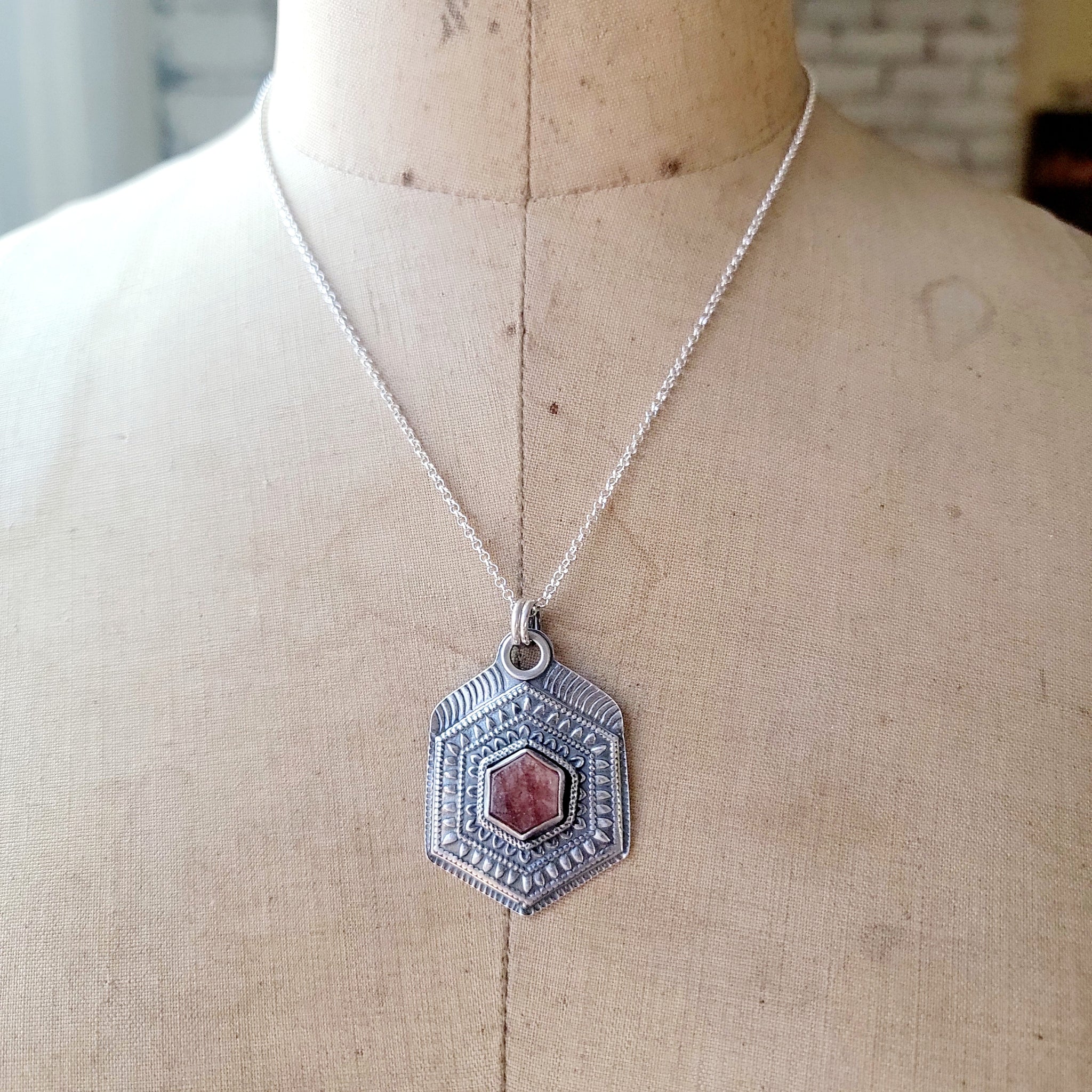 Sunstone Hexagonal Mandala Pendant in Sterling Silver