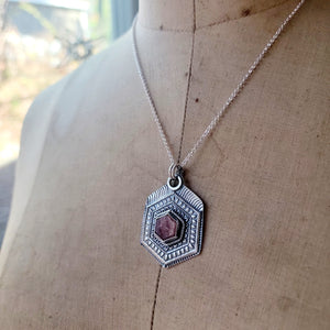 Sunstone Hexagonal Mandala Pendant in Sterling Silver