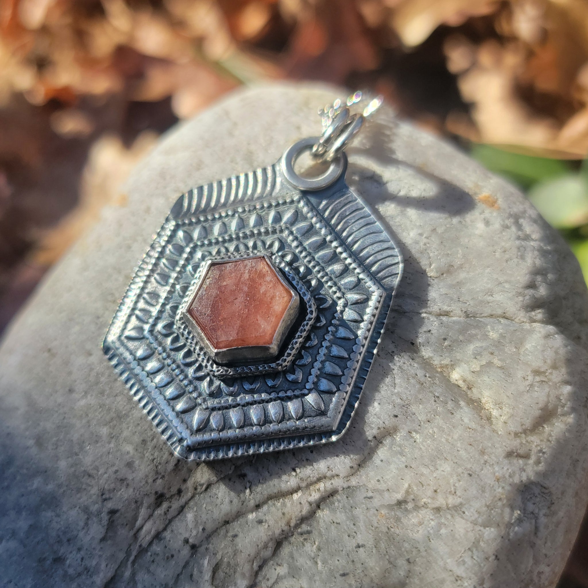 Sunstone Hexagonal Mandala Pendant in Sterling Silver