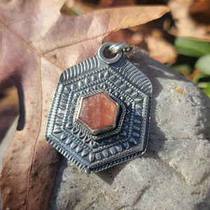 Sunstone Hexagonal Mandala Pendant in Sterling Silver