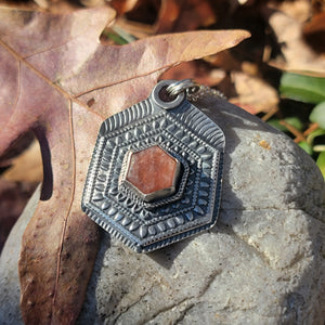 Sunstone Hexagonal Mandala Pendant in Sterling Silver