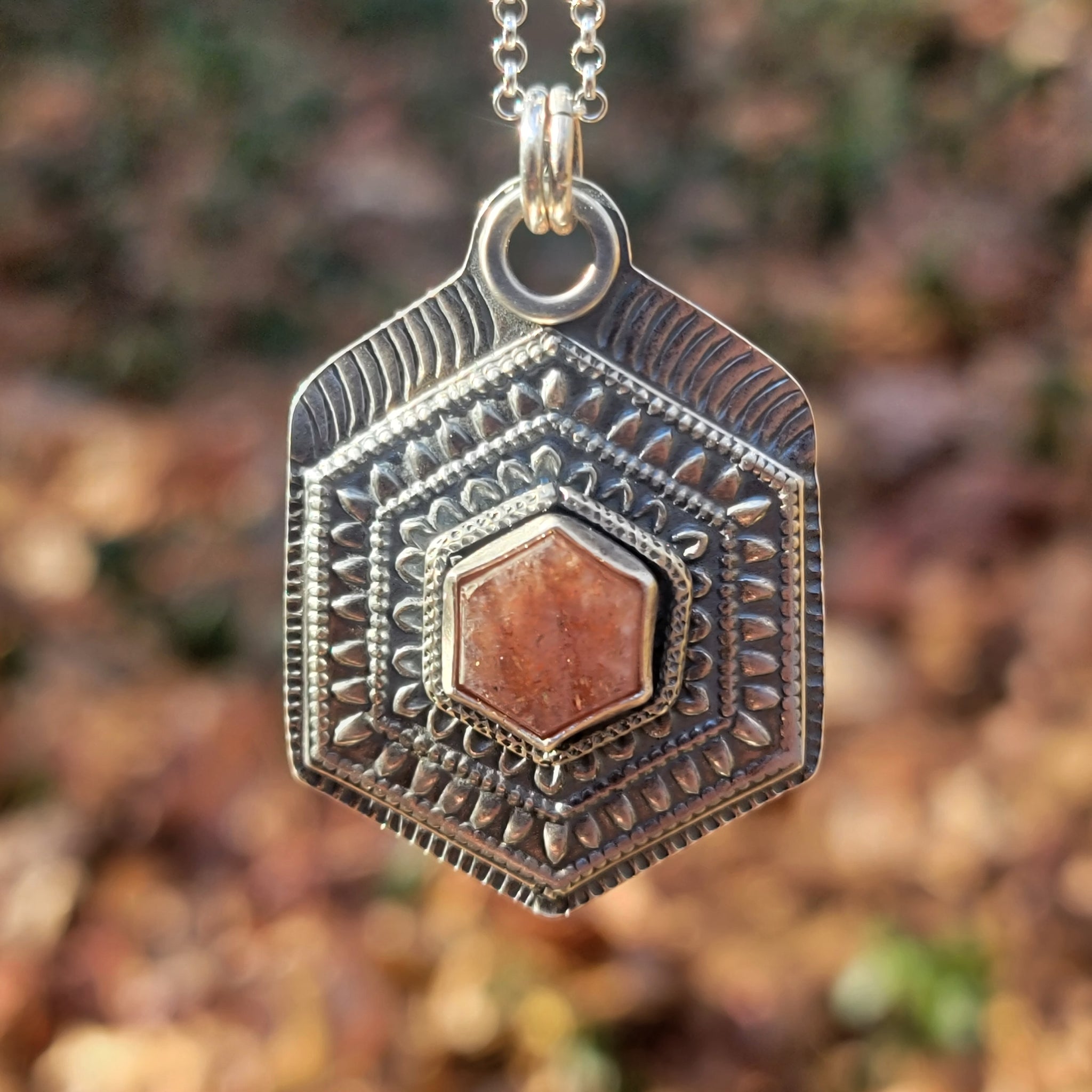 Sunstone Hexagonal Mandala Pendant in Sterling Silver