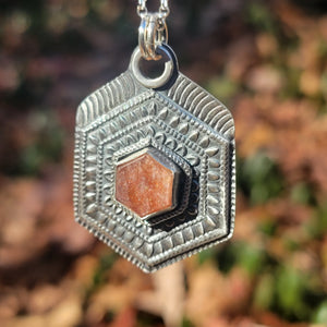 Sunstone Hexagonal Mandala Pendant in Sterling Silver